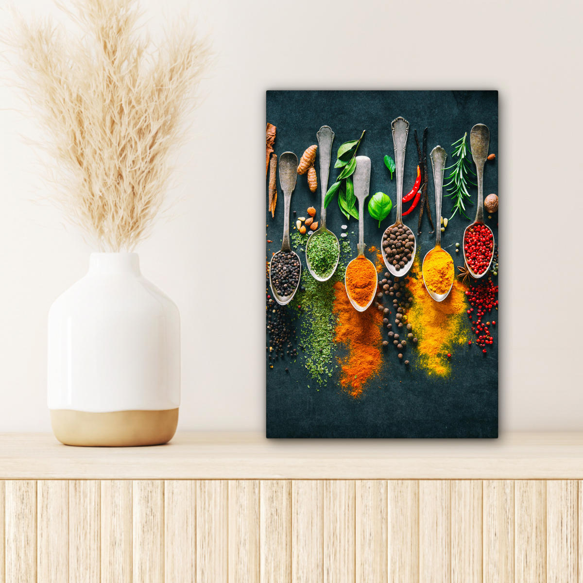 LEINWANDBILD Kräuter - Gewürze - Löffel Deko Wohnzimmer 20x30 cm - Currygelb, Textil (20/30cm) - MuchoWow