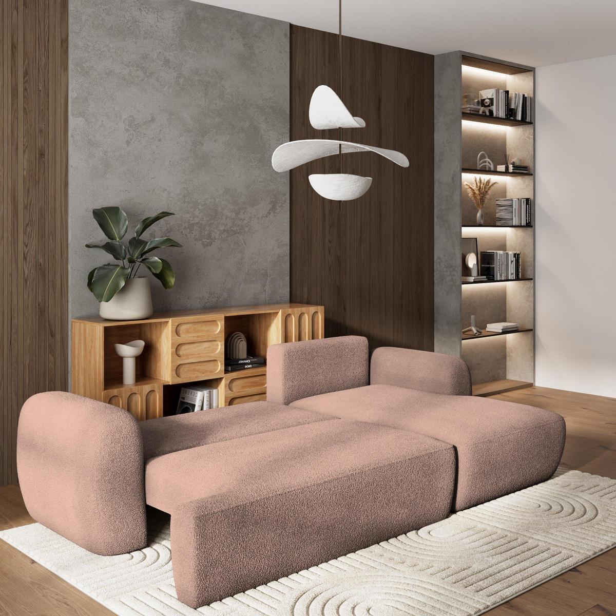 ECKSOFA MODENZA N R-S Rosa Boucle-Stoff mit Schlaffunktion - Rosa, Holz (266/148cm) - MASSENO