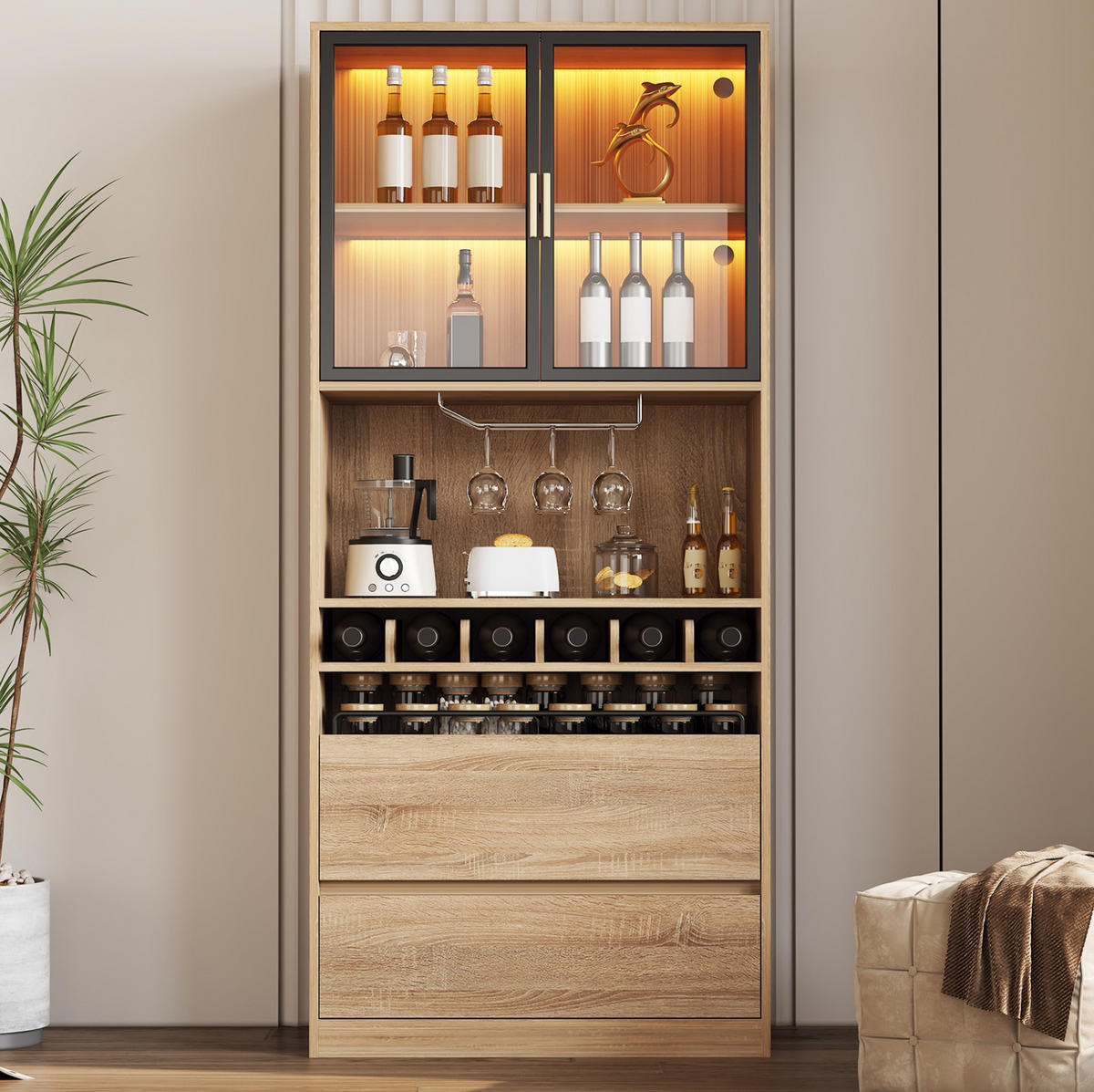 VITRINE 80x40x180 cm Naturfarben mit Glastüren & LED-Lichtleiste - Naturfarben, Holzwerkstoff (80/180/40cm) - Modfu