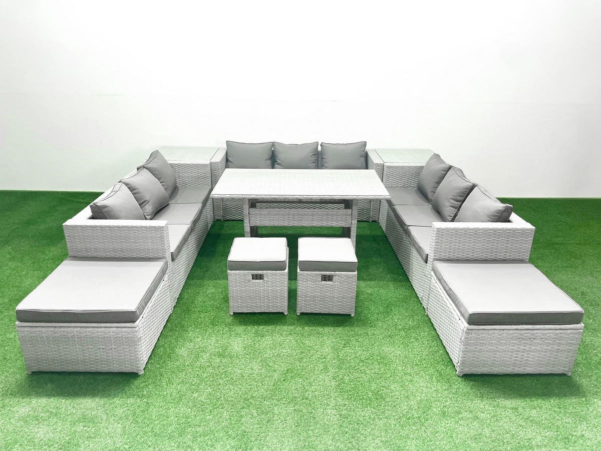 GARTENSET mit Esstisch,Sofa,2 Beistelltischen Polyrattan Hellgrau 13-Sitzer - Hellgrau/Grau, Glas/Kunststoff - Fimous