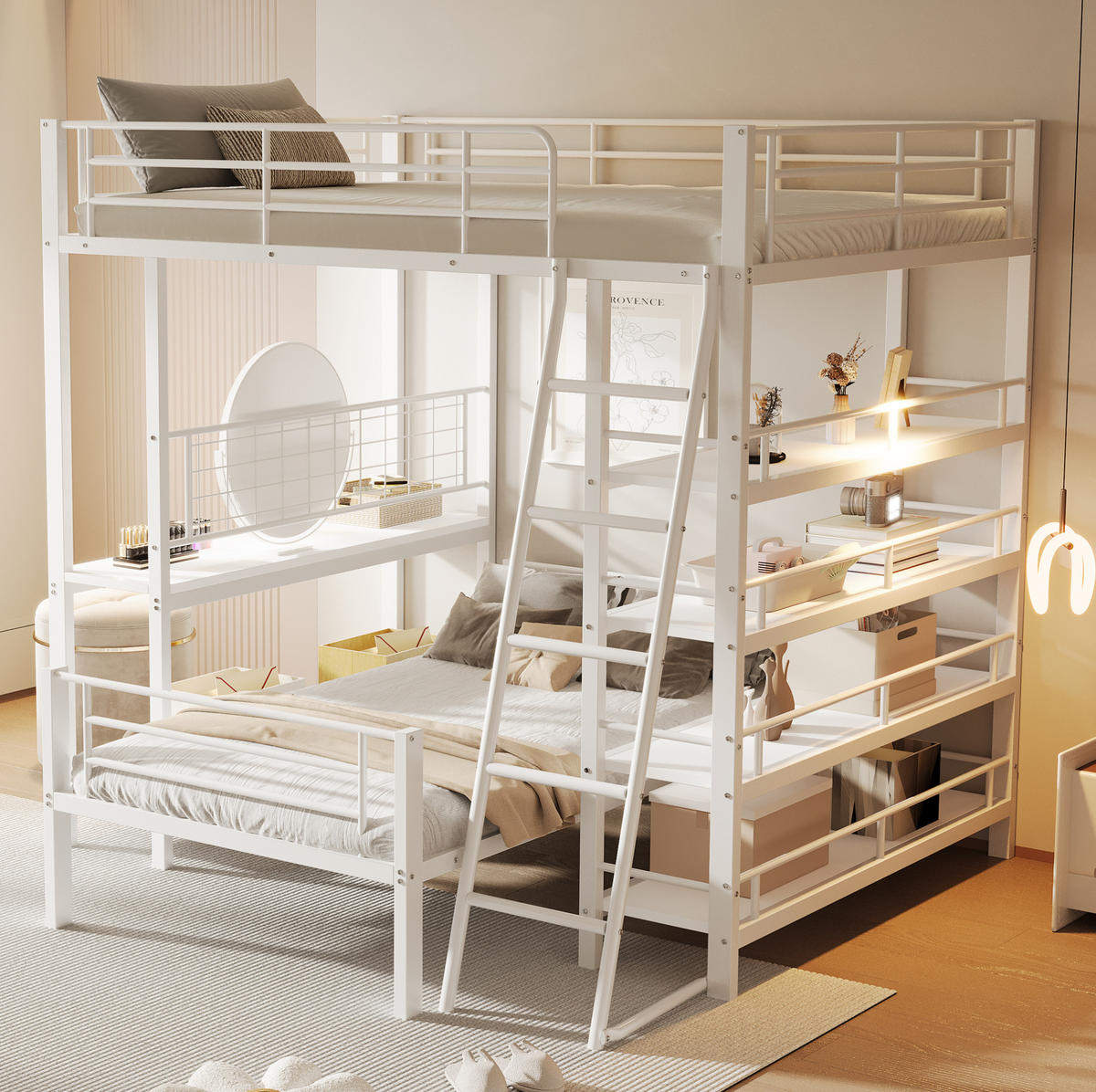 HOCHBETT 140/200 cm Weiß Multifunktionsbett mit Ablagefächern mit Matratze - Weiß, Metall (140/200cm) - OKWISH