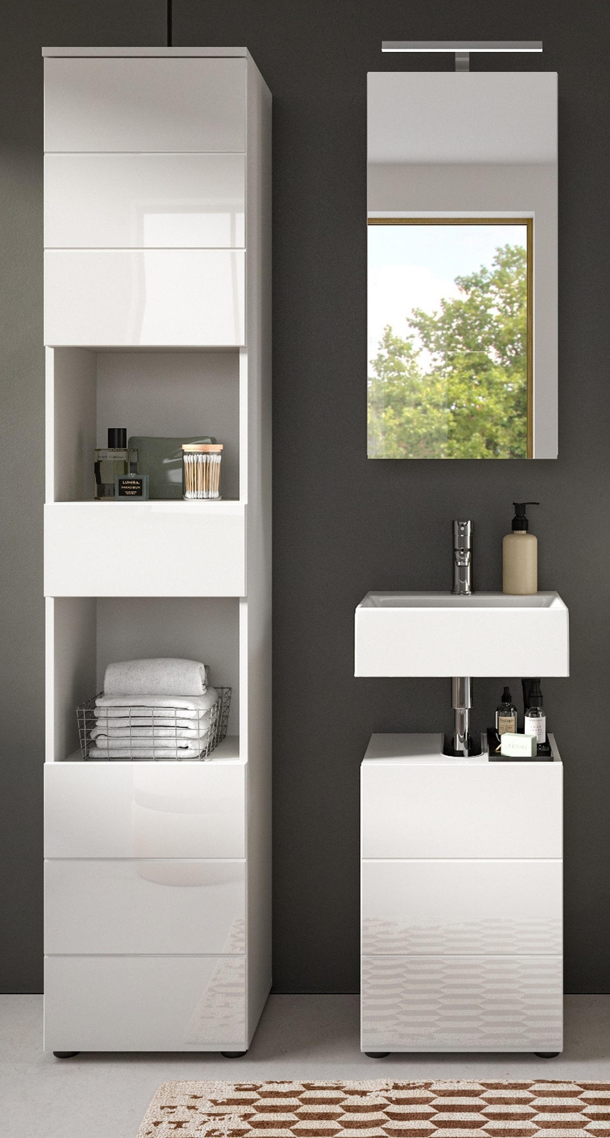 BADMÖBEL Set 3-teilig weiß Hochglanz 91 x 190 cm, Badkombination modern - Weiß Hochglanz/Schwarz, Holzwerkstoff/Kunststoff (91/190/34cm) - Inn.Furn