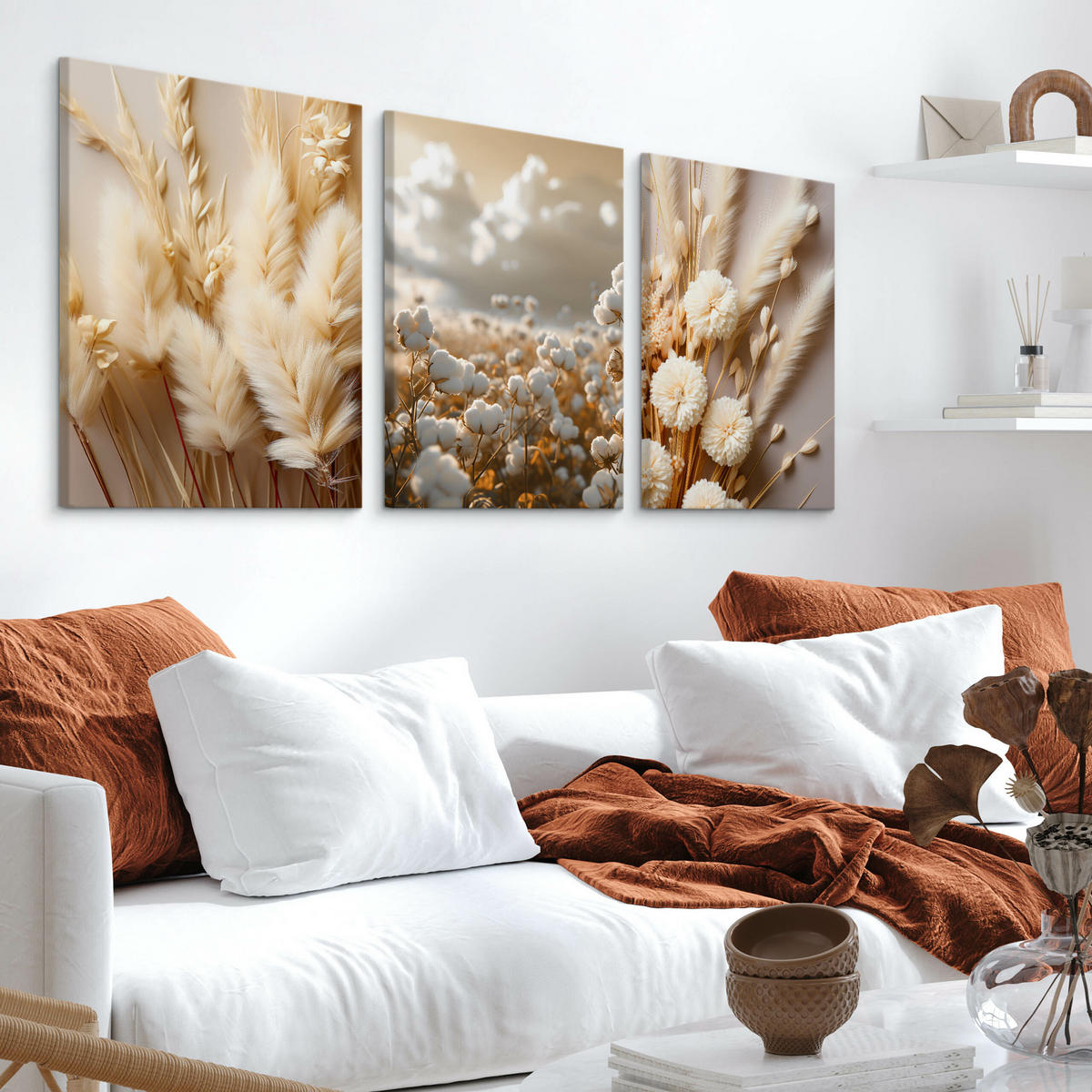 LEINWANDBILDER 3-es Set Blumen 3D Natur - Beige/Weiß, Textil (90/40cm) - Muralo