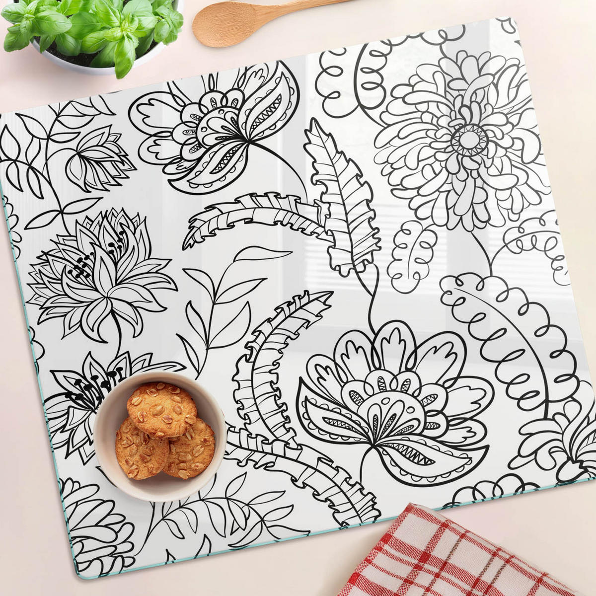 GLASPLATTE 60x52 cm Blumenmuster - Schwarz, Glas (60/0.4/52cm) - TULUP