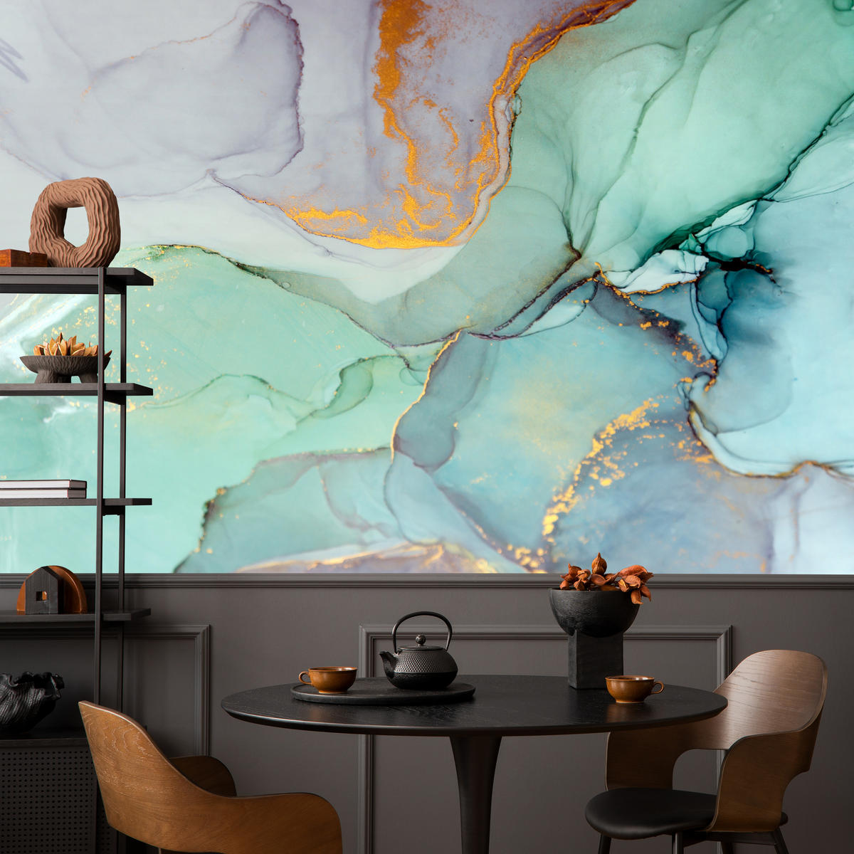 FOTOTAPETE für Badezimmer Blauer Marmor Goldadern Vintage 350x256 - Violett/Grün, Papier (350/256cm) - Muralo