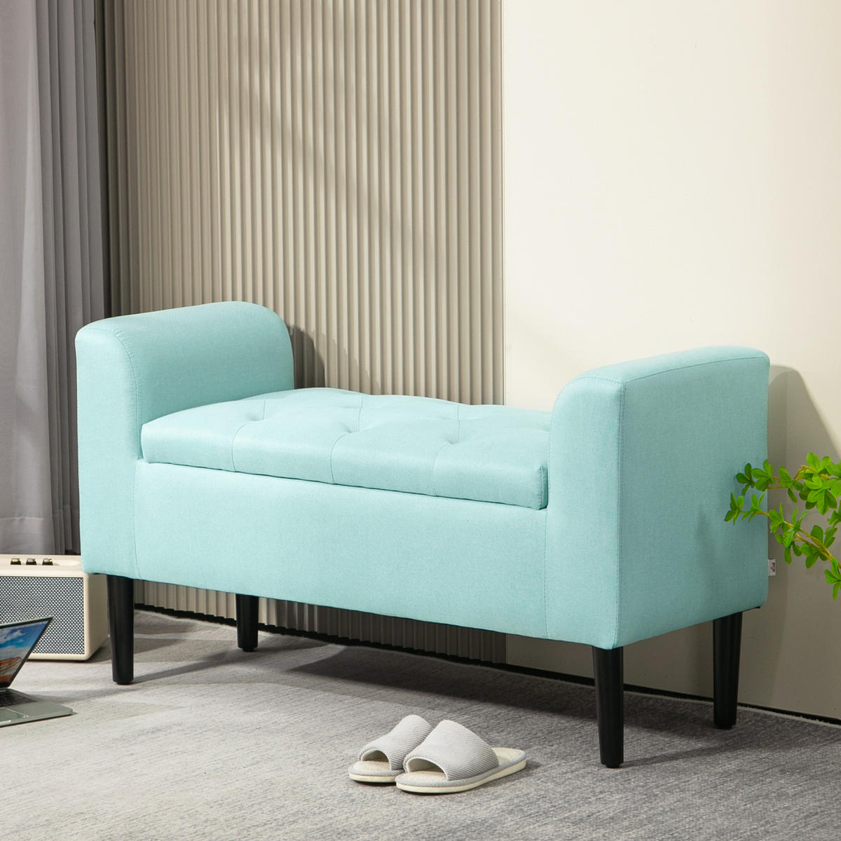 SITZBANK mit Stauraum, Polsterbank mit Leinenoptik, Sitzhocker Aufbewahrungsbox - Grün, Kunststoff (44/58/116cm) - HOMCOM