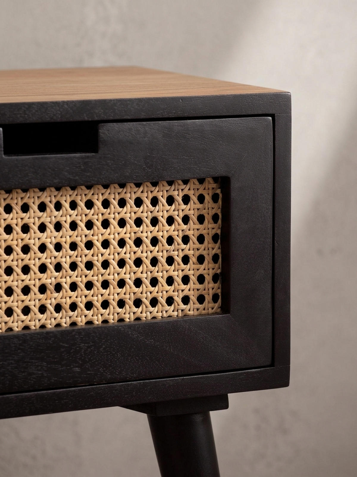 NACHTTISCH – Mango Massivholz/Rattan, 40x60x30 cm, Schwarz, 1 Schublade, Wiener Geflecht - Schwarz, Holz (40/60/30cm) - KADIMA DESIGN