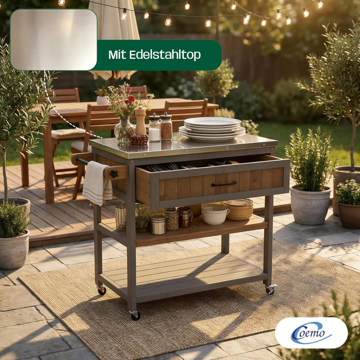 SERVIERWAGEN JAMES mit Rollen Outdoor 82/53/92 cm Farbe Grau - Grau, Holz (53/92/82cm) - Coemo