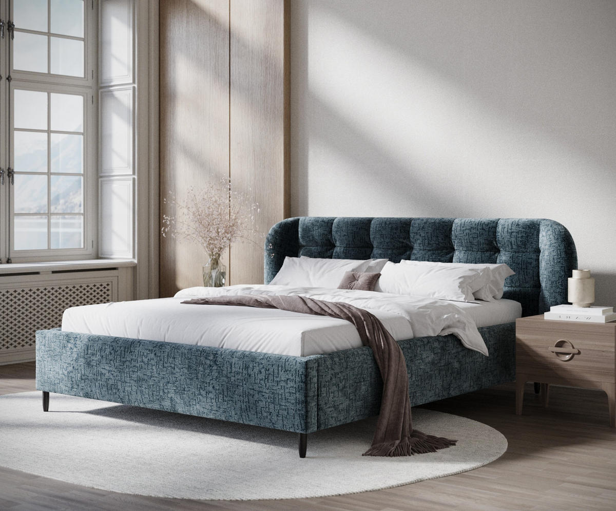 POLSTERBETT Nuno Blau 160/200 cm im Chenille-Stoff - Blau/Schwarz, Holz/Holzwerkstoff (160/200cm) - Maison de Reve