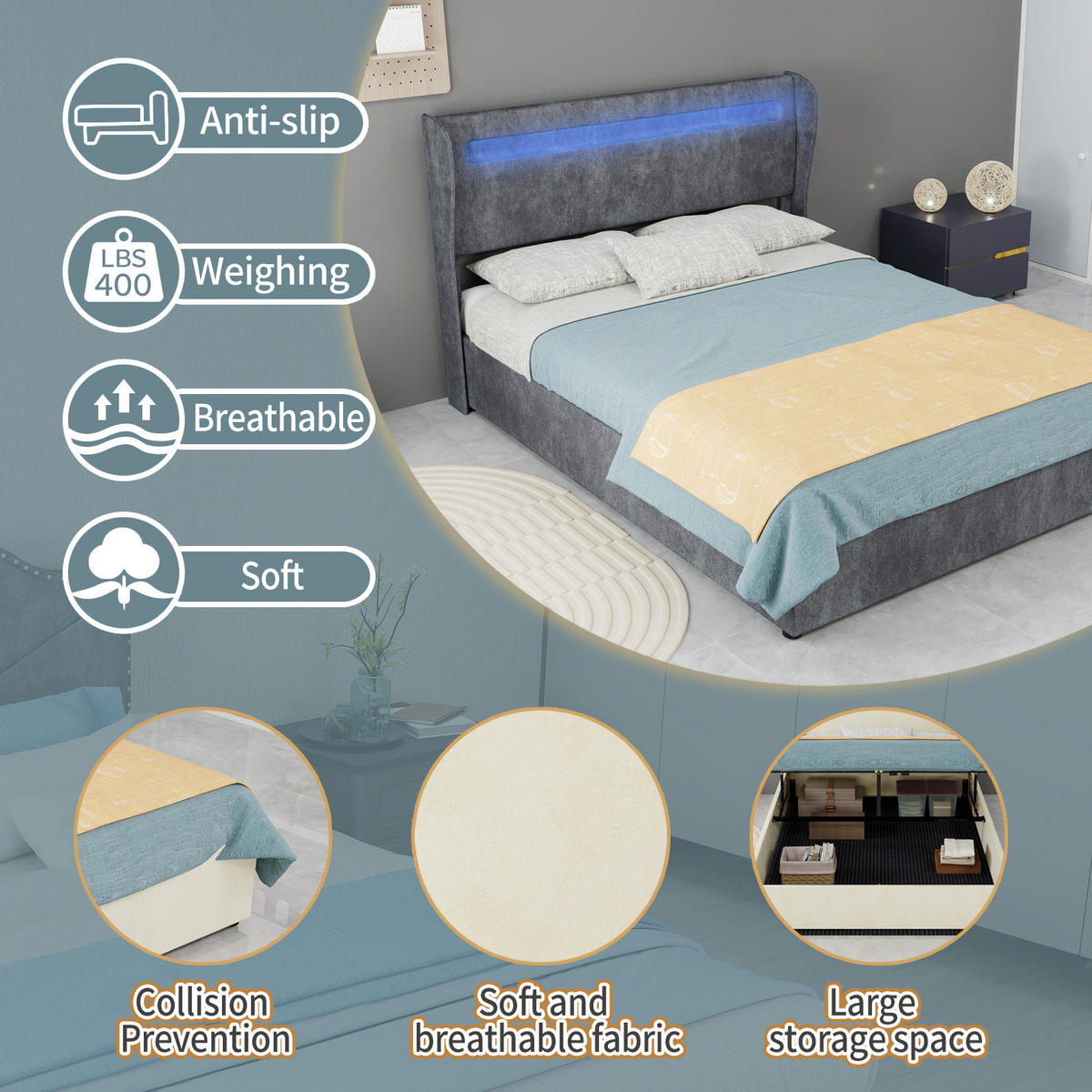 POLSTERBETT 140/200 cm mit LED-Beleuchtung, verstellbarem Kopfteil und Bettkasten, Grau - Grau, Textil (140/200cm) - Redom