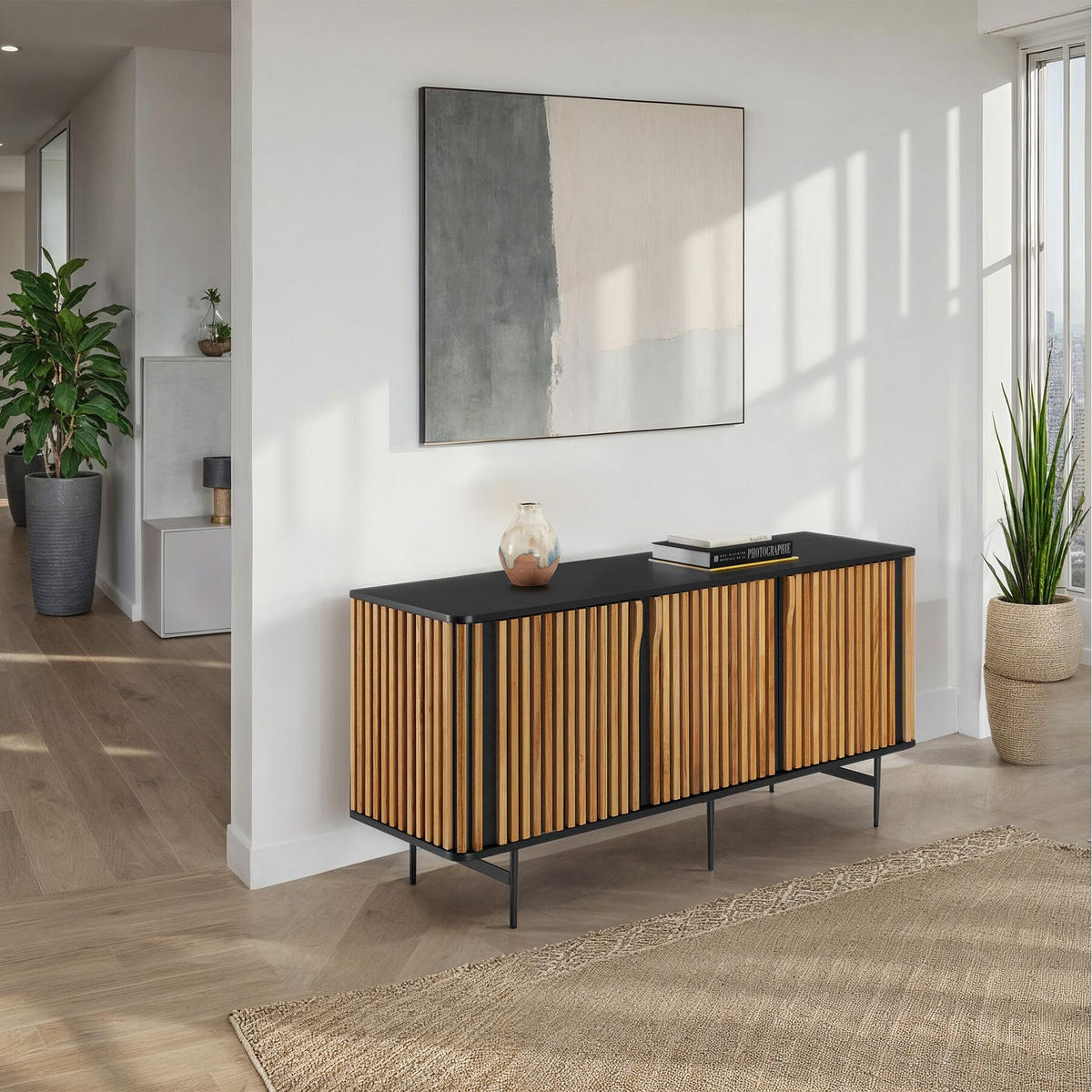 SIDEBOARD Lineo,156 x 45,5 x 74 cm, höhenverstellbare Füße,schwarz/braun - Schwarz/Braun, Holz (156/74/45.5cm) - tectake