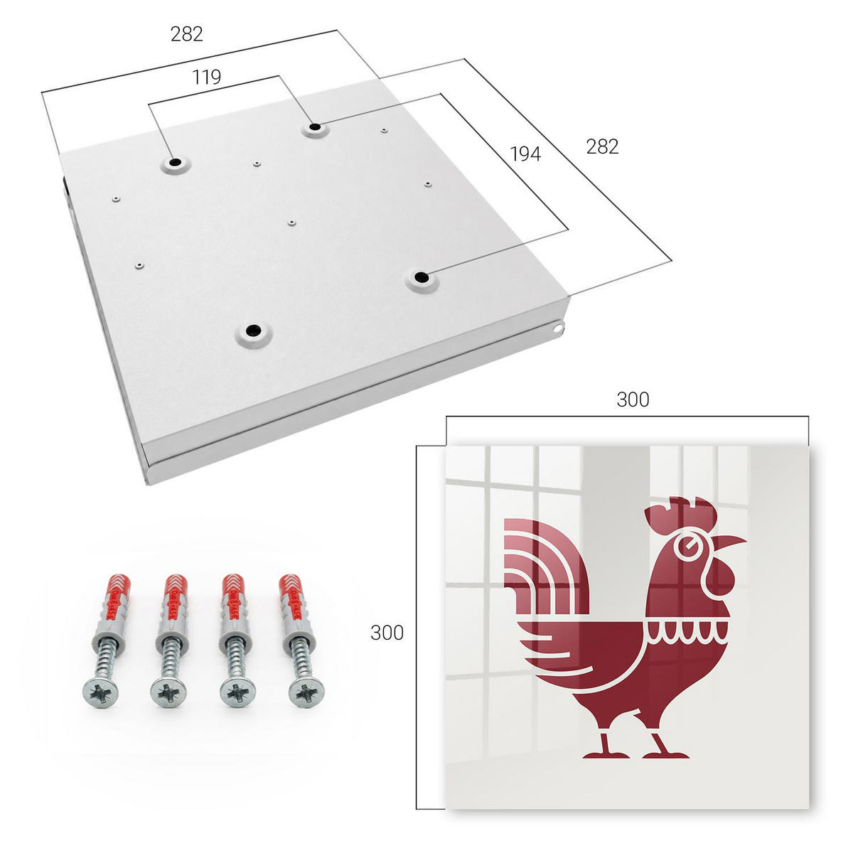 SCHLÜSSELBOX Weiß 30x30 cm – Türöffnung nach rechts - Rooster Folk-Stil - Bordeaux, Metall (30/30/5cm) - TULUP