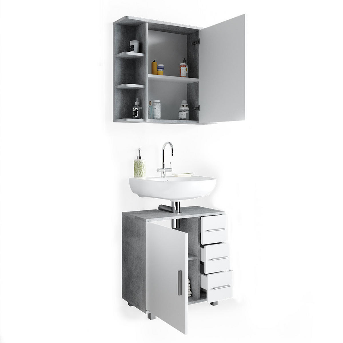 BADMÖBEL-SET Ilias Beton 2 Teile - Schieferfarben/Weiß, Holzwerkstoff (60/60.8/33cm) - Vicco