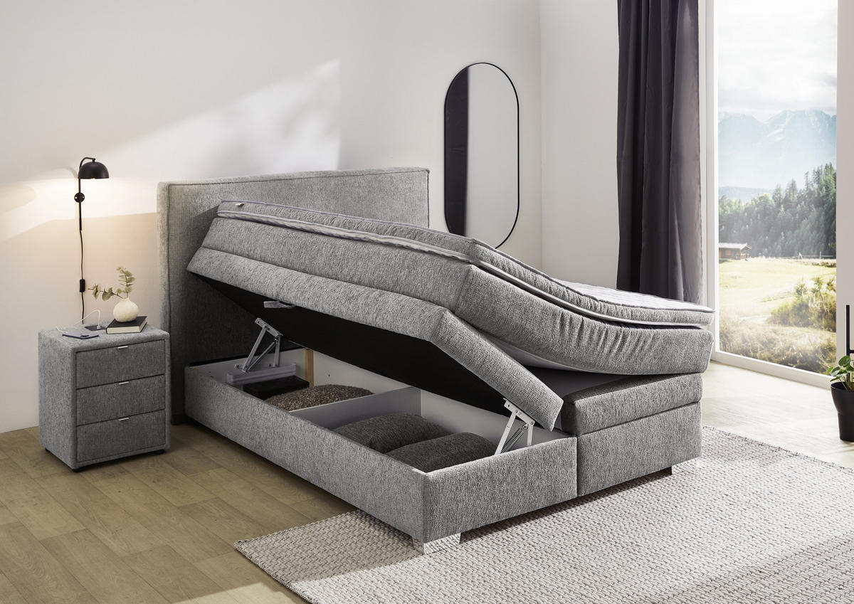 BOXSPRINGBETT 140x200 cm, 7-Zonen-Tonnentaschen-Federkernmatratze H4, Topper, Bonell-Federkern, 2 große Bettkästen, Chenille Grau / 20010 - Chromfarben/Grau, Kunststoff/Textil (140/200cm) - luma-home