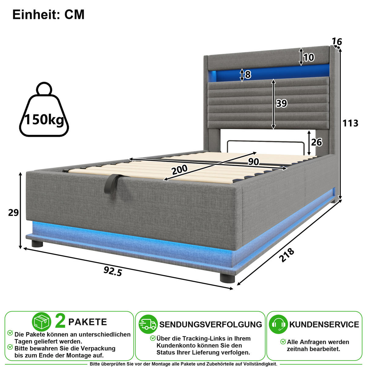 POLSTERBETT 90/200 cm in Grau mit Bettkasten, LED und USB - Grau, Holzwerkstoff/Textil (90/200cm) - CHICFURN