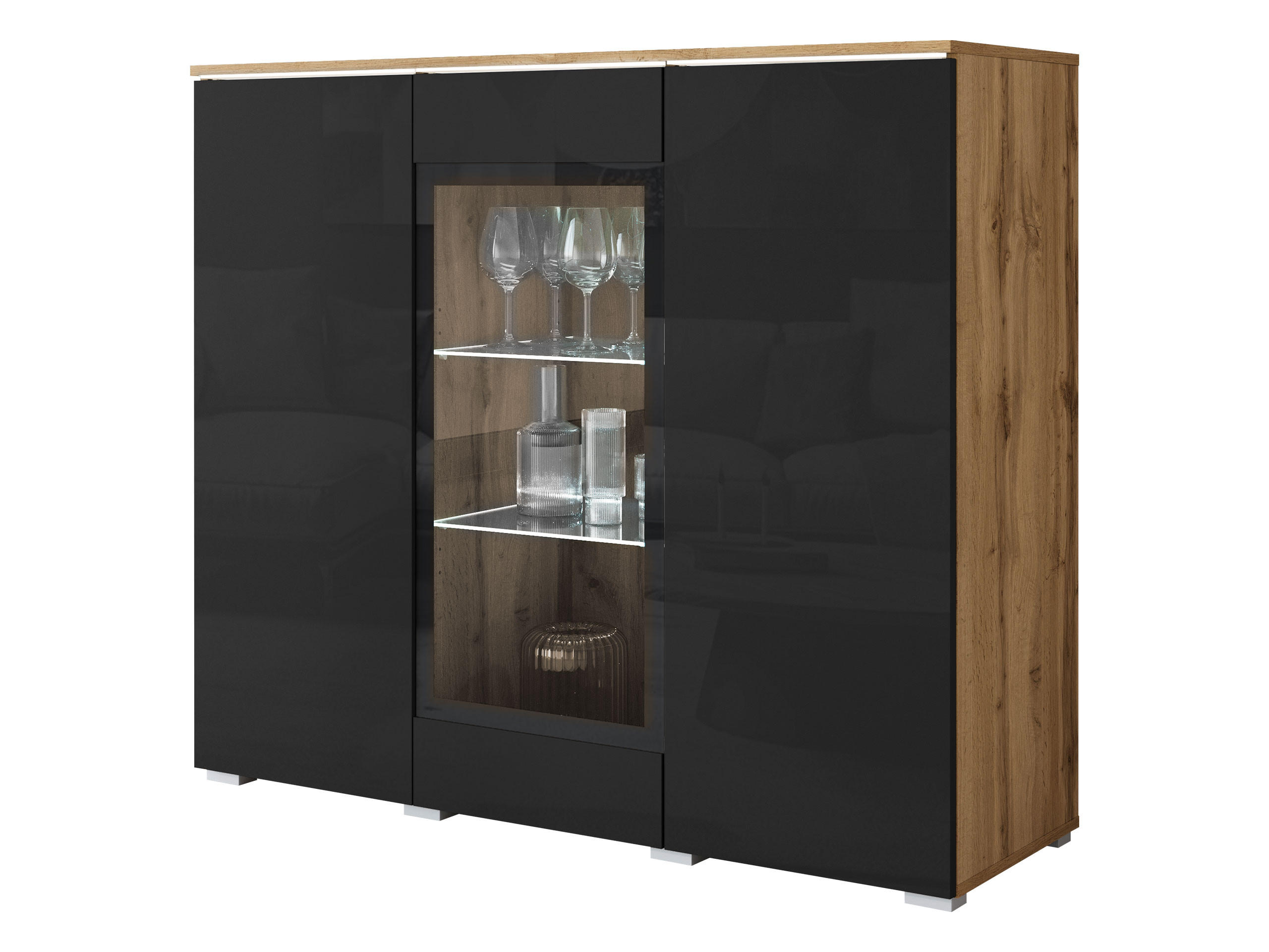 KOMMODE Vera 120 mit weißer LED Beleuchtung - Schwarz Hochglanz/Silberfarben, Holzwerkstoff/Kunststoff (120/104/40cm) - MIRJAN24
