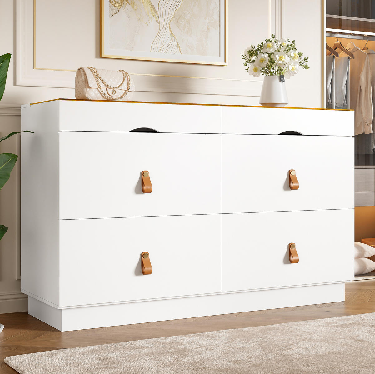KOMMODE 120/40/78 cm mit 6 Schubladen, Glasplatte, Facheinteilung und Kippsicherung, Weiß - Weiß, Glas (120/78/40cm) - Redom