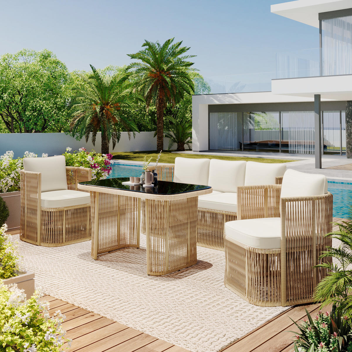 GARTENSET Rattan 4 tlg Sofa Sessel Tisch - Beige, Metall - LEBENLANG