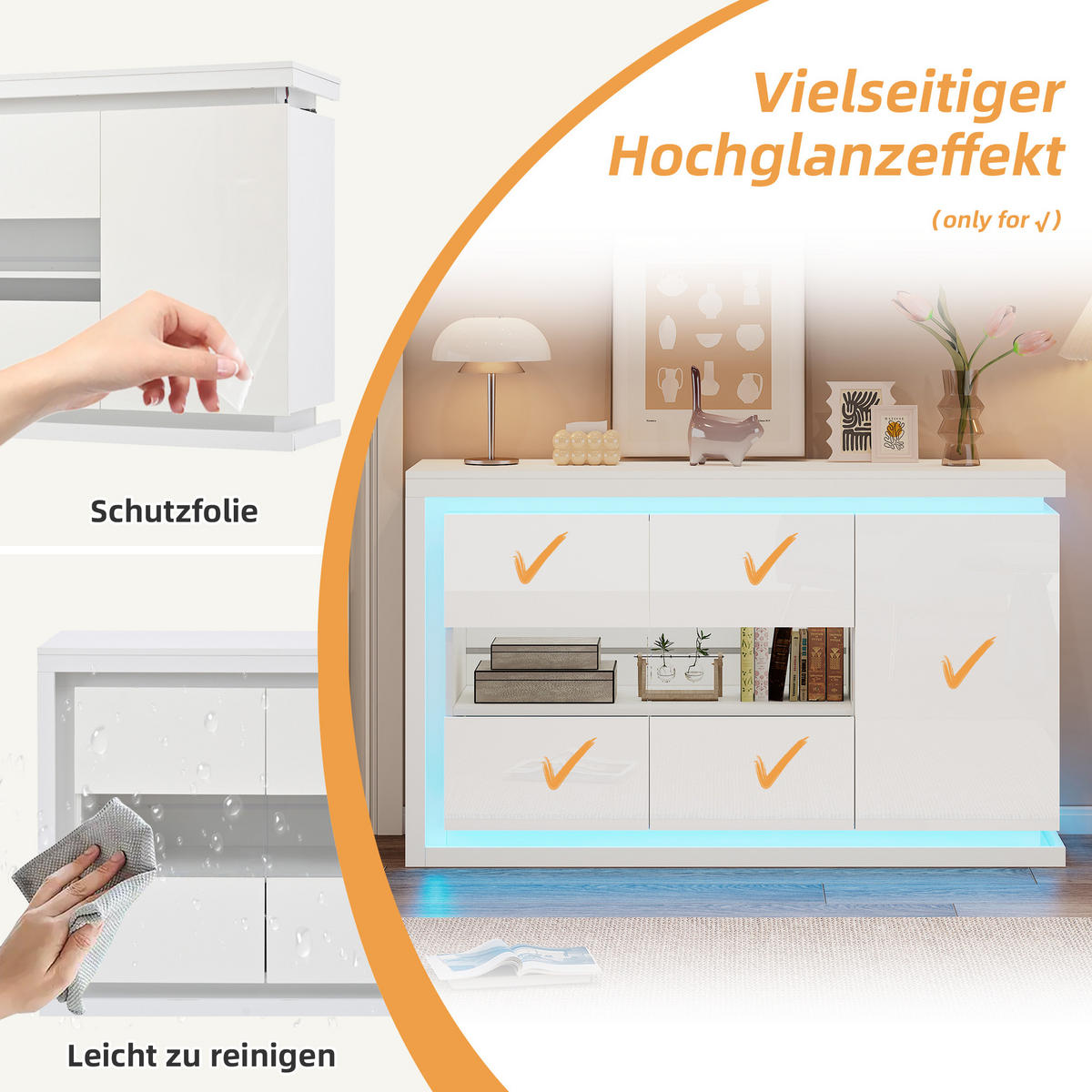 SIDEBOARD LED Hochglanz 4 Fächer Glas 140x40x84cm - Weiß, Holzwerkstoff (40/84/140cm) - FLIEKS