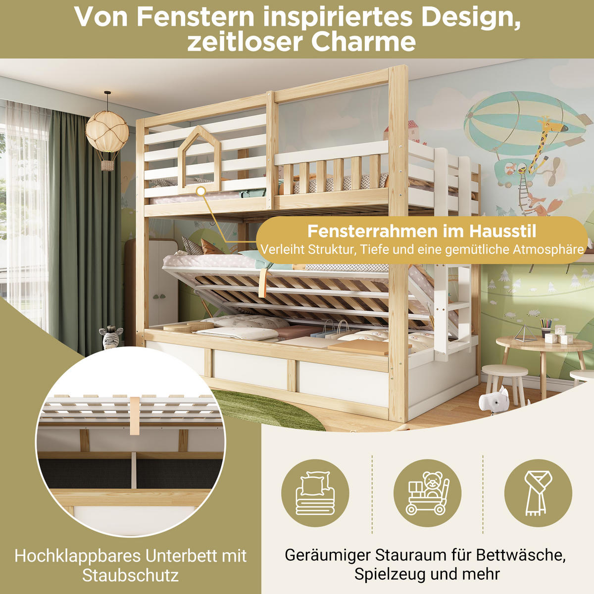 ETAGENBETT 90/200 cm & 90/200 cm in Weiß & Eichefarben mit Stauraum und Sicherheitsgeländer im Hüttenstil - Weiß/Naturfarben, Holzwerkstoff (90/200cm) - STILVORA