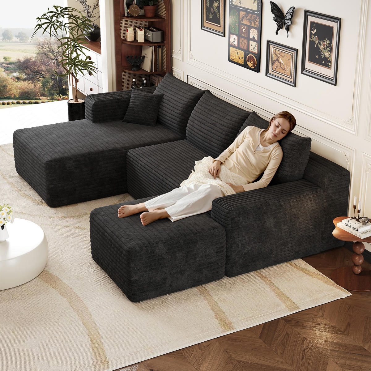 WOHNLANDSCHAFT Cord Schwarz modular, ohne Montage - Schwarz, Textil (241/58/151cm) - WISHDOR