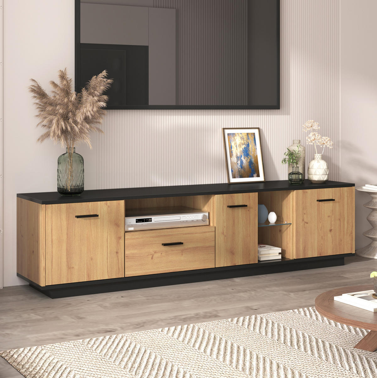 TV-LOWBOARD in Schwarz und Holzoptik mit LED und Stauraum 180/37/45 cm - Eichefarben, Holzwerkstoff (180/45/37cm) - Redom