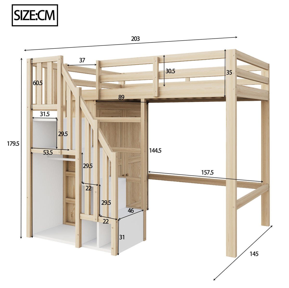 HOCHBETT 90/200 cm aus Holz mit Kleiderschrank und Stauraumtreppe Natur - Naturfarben, Holzwerkstoff (90/200cm) - Modenvie