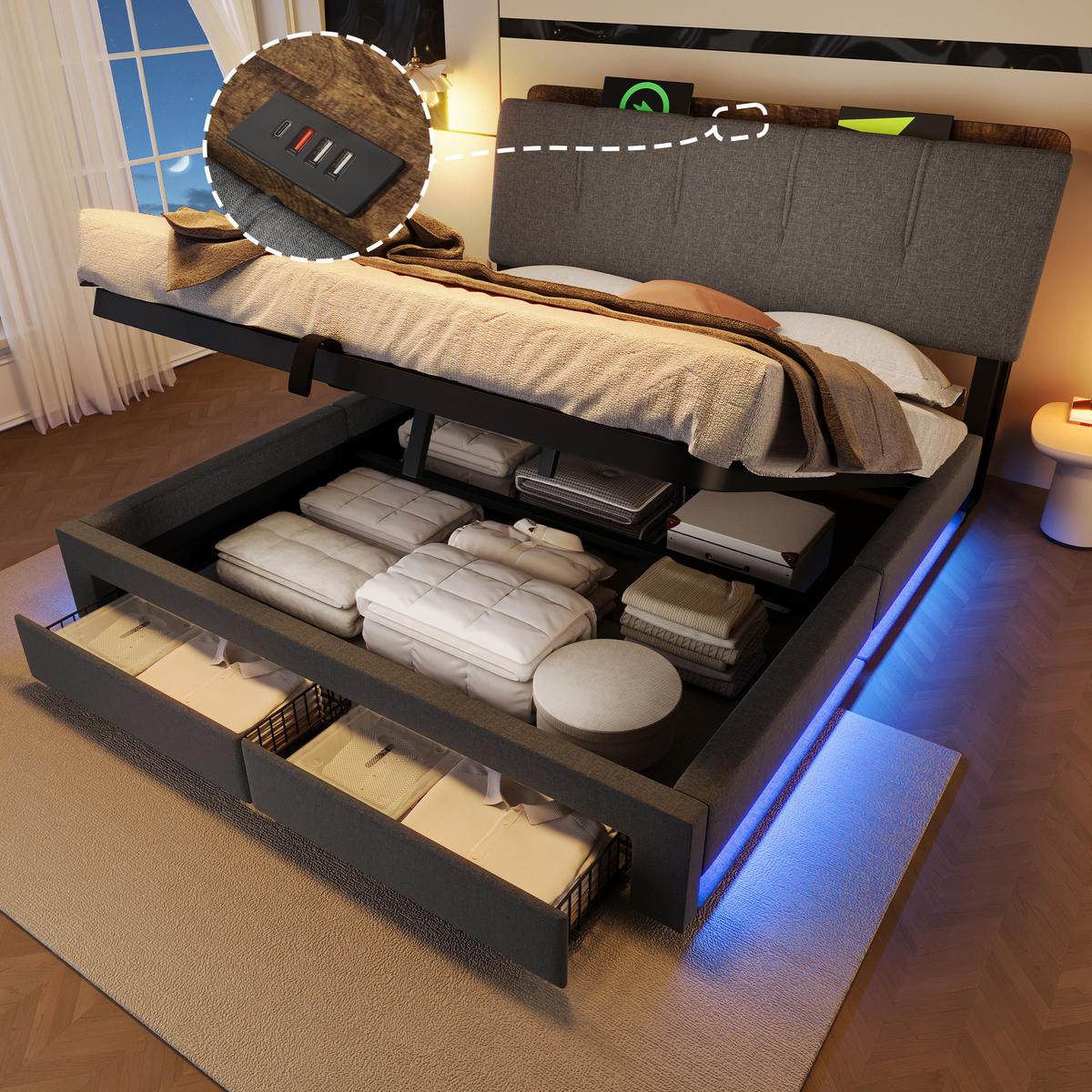 POLSTERBETT 140/200 cm Grau mit USB-Typ-C-Ladeanschluss, LED-Beleuchtung und 2 Schubladen - Grau, Textil (140/200cm) - Oxeza