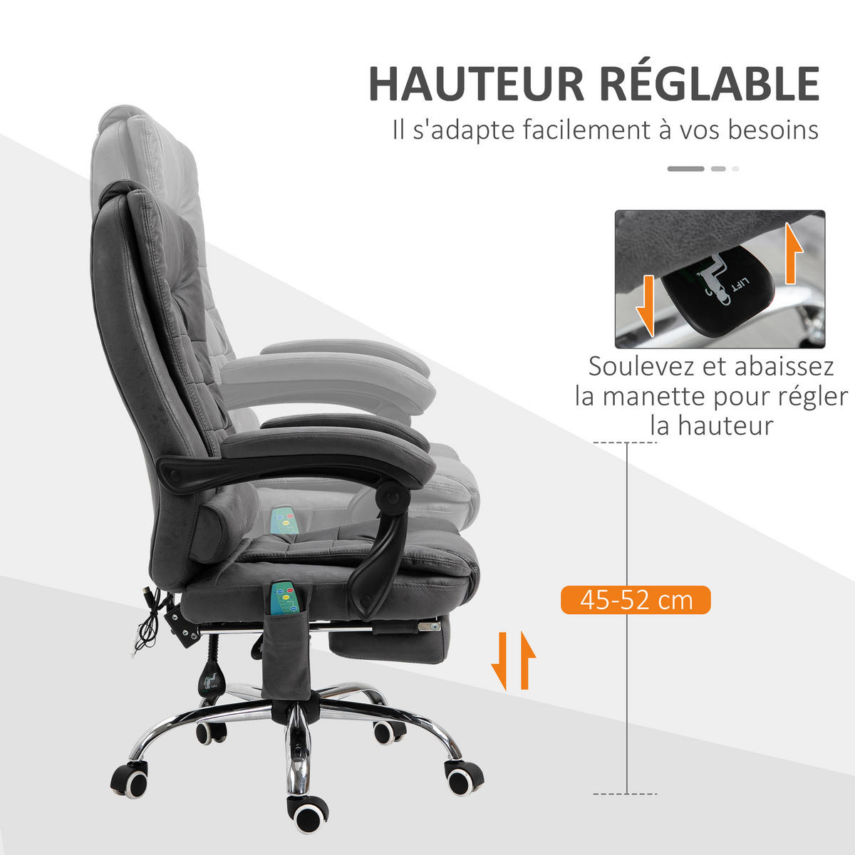 CHEFSESSEL DE-11817 Massage & Heizung Grau - Grau, Metall (70/119/65cm) - ComfortXL