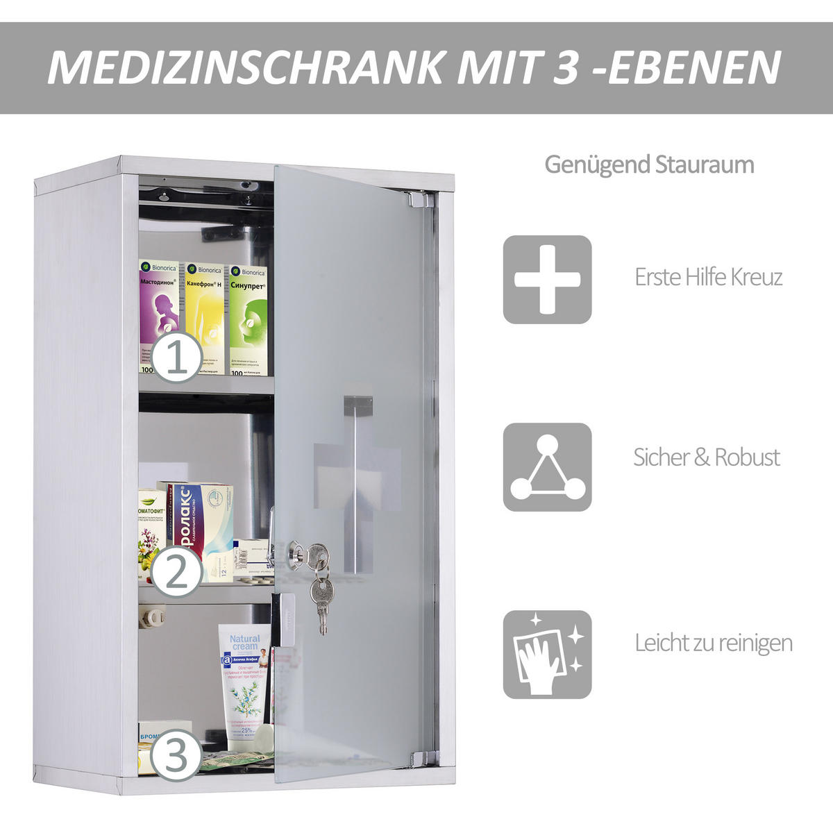 MEDIZINSCHRANK, Erste Hilfe, mit Schloss, Edelstahl, 30 x 18 x 50 cm - Silberfarben, Glas (18/50/30cm) - HOMCOM