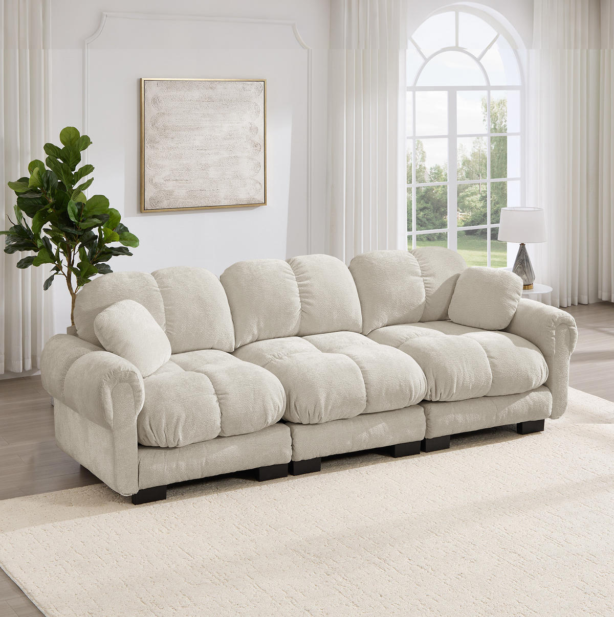 SOFA 260/86/90 cm in Hellkhaki aus Chenille mit Steppnähten - Sandfarben, Textil (86/90/260cm) - Flora Grace