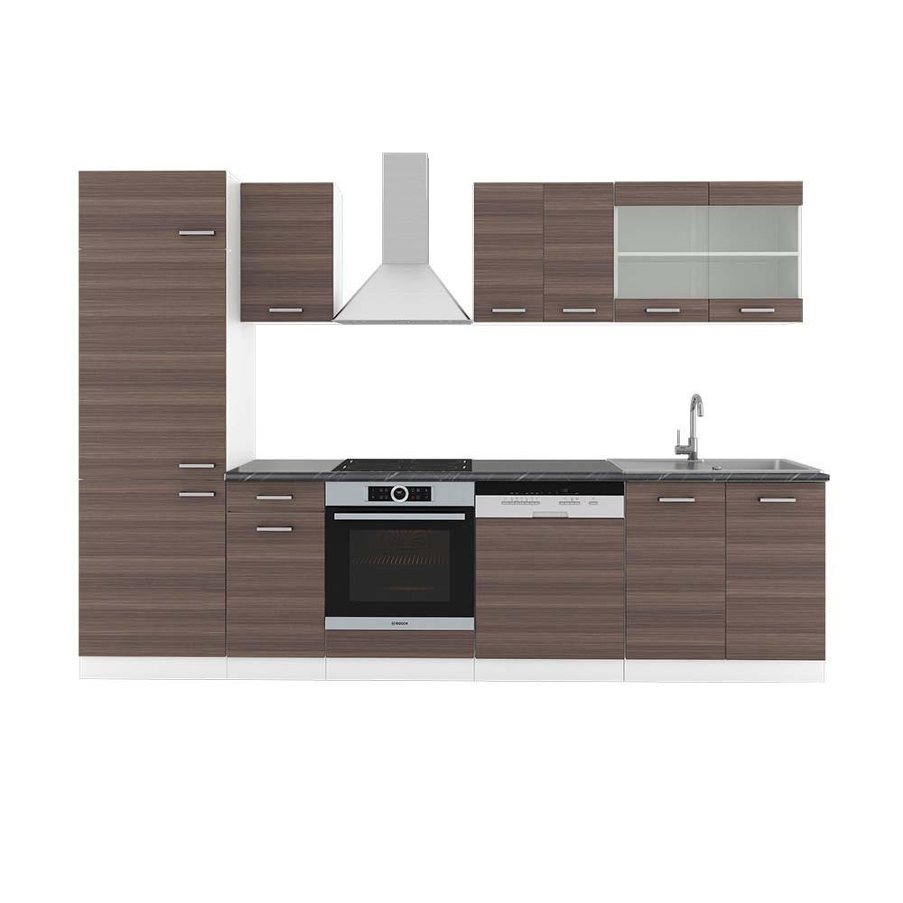 KÜCHENZEILE R-Line Edelgrau/Weiß 300 cm, AP Anthrazit - Braun/Weiß, Holzwerkstoff (300/81.6/60cm) - Vicco