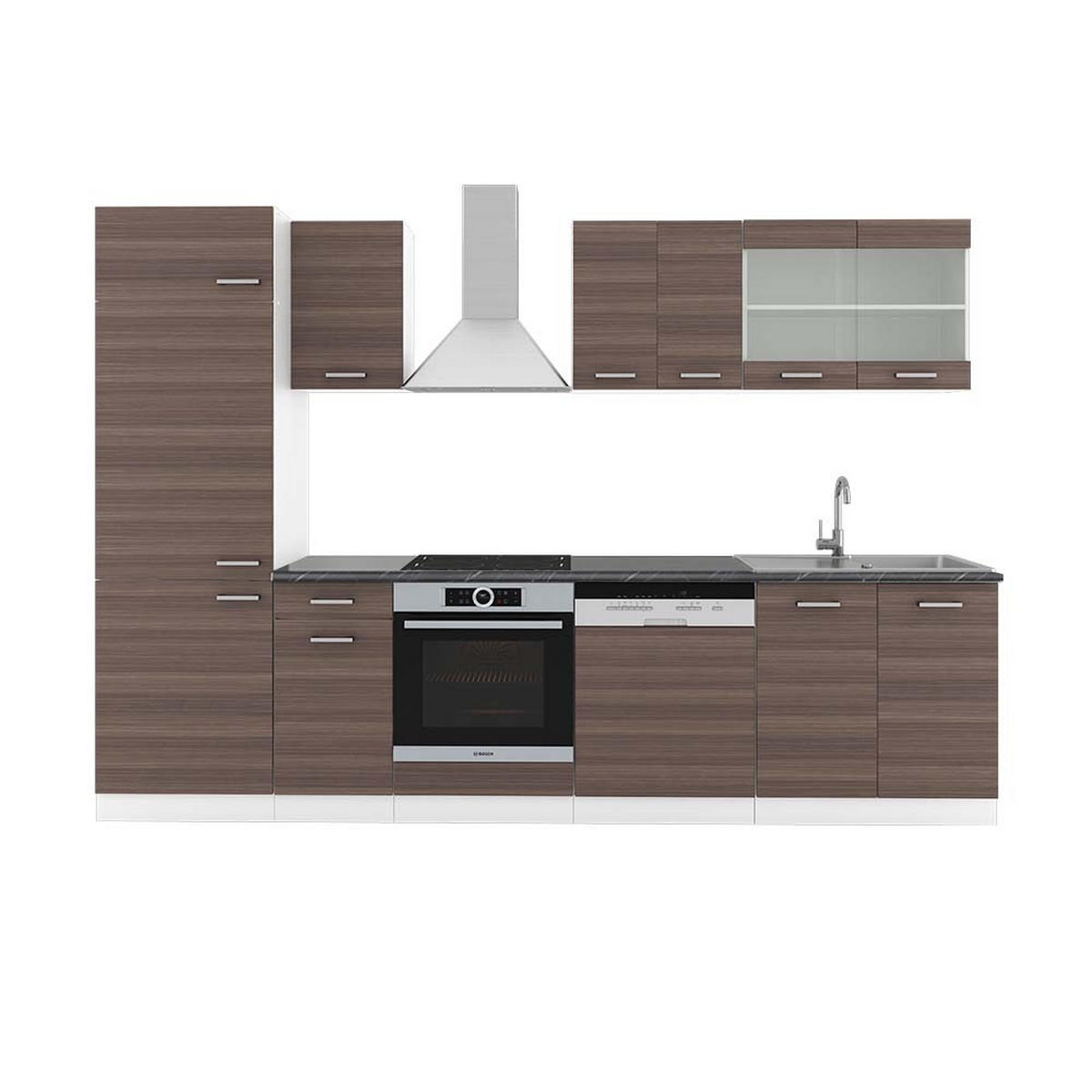 KÜCHENZEILE R-Line Edelgrau/Weiß 300 cm, AP Anthrazit - Braun/Weiß, Holzwerkstoff (300/81.6/60cm) - Vicco