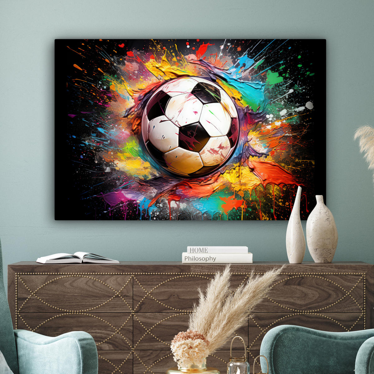 LEINWANDBILD Fußball - Farbe - Farben - Schwarz - Weiß Groß 140x90 cm - Weiß, Textil (140/90cm) - MuchoWow