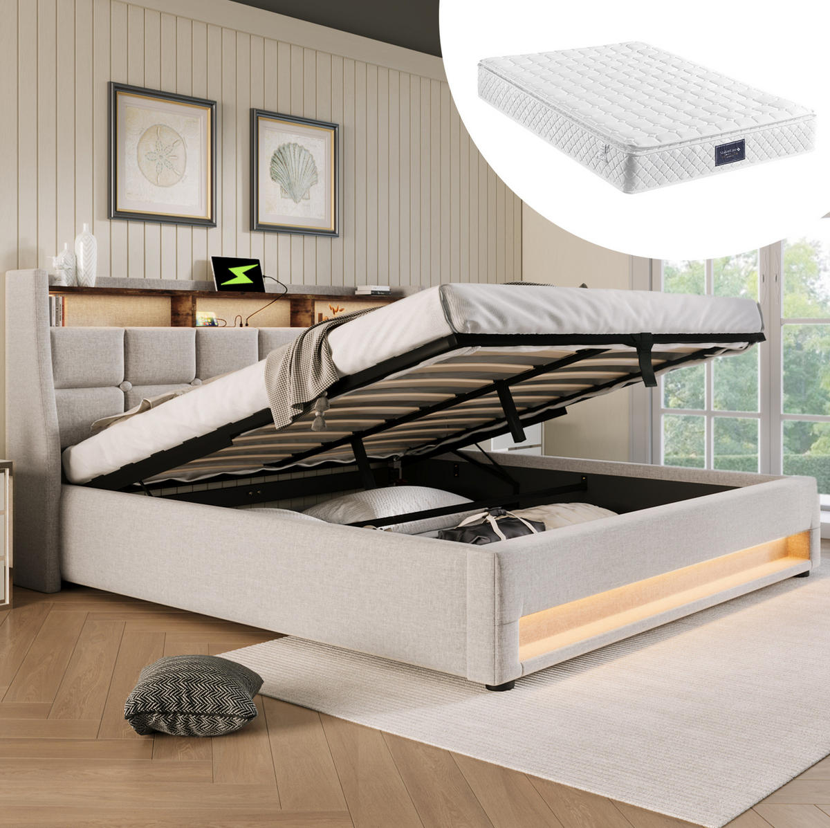 ČALOUNĚNÁ postel 140/200 cm béžová z lnu s LED, USB a úložným prostorem - béžová, textil (140/200cm) - OKWISH