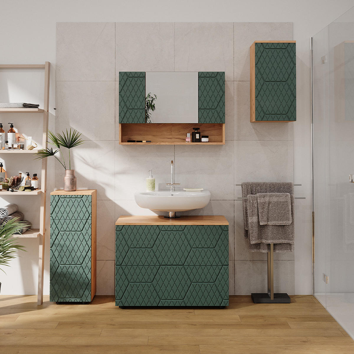 BADMÖBEL-SET Irma Grün 4 Teile - Honigeiche/Grün, Holzwerkstoff (80/58.6/41cm) - Vicco