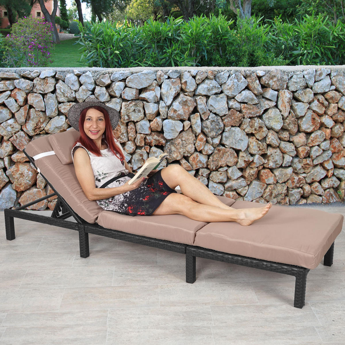 POLY-RATTAN SONNENLIEGE PREMIUM Anthrazit, Cremeweiß - Anthrazit/Weiß, Kunststoff (60/71/198cm) - MCW