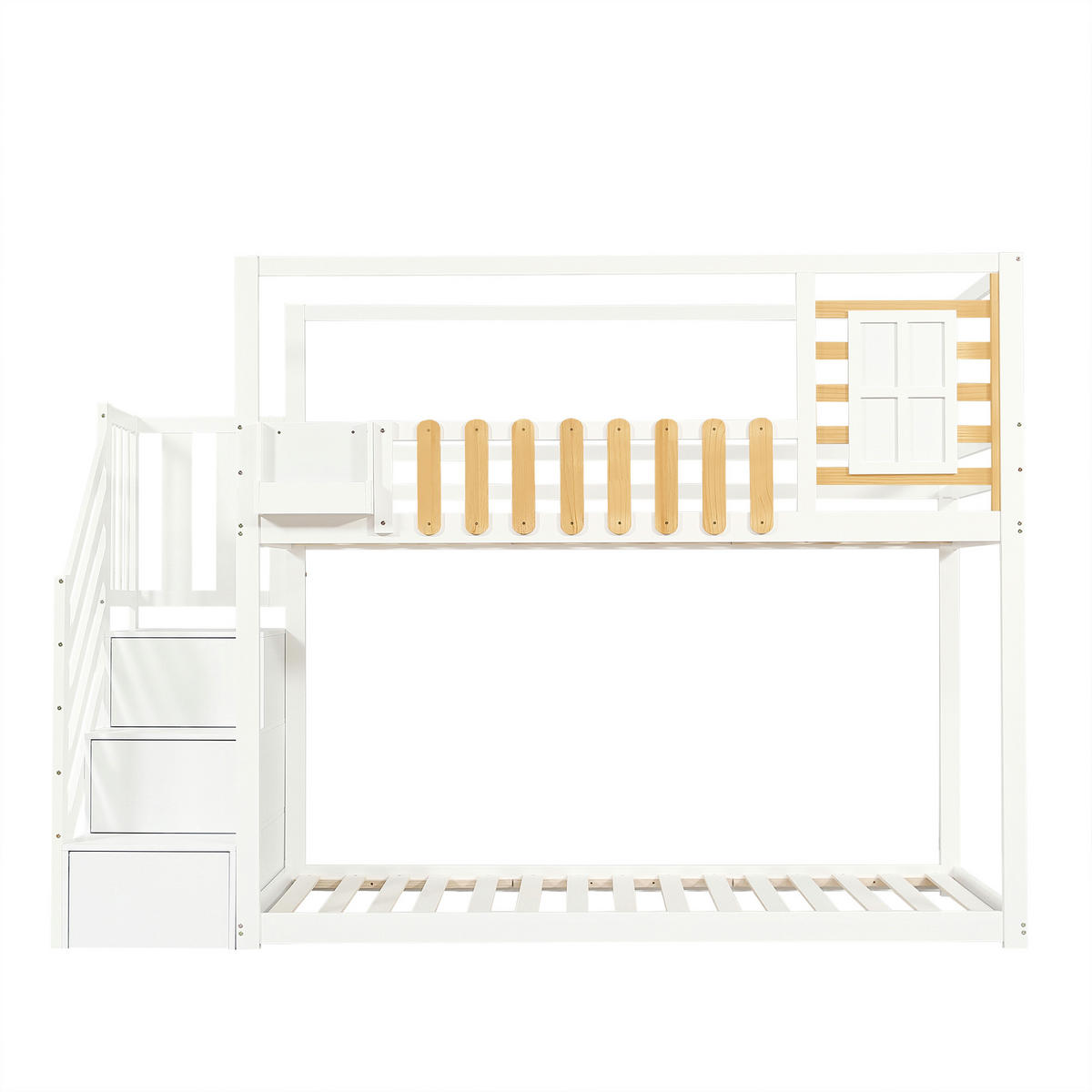 ETAGENBETT 90/200 cm aus Kiefernholz und MDF mit Treppe, Fenster, Regalfächern und Fallschutz, Weiß/Natur - Weiß, Holz (90/200cm) - Redom