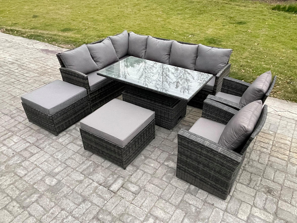 GARTENSET mit Höhenverstellbarer Tisch, 2 Fußhocker, 2 Stuhl Polyrattan Dunkelgrau 10-Sitzer - Dunkelgrau/Grau, Glas/Kunststoff - Fimous