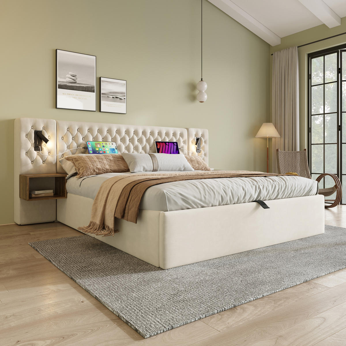 POLSTERBETT aus Samt 160x200 cm Beige mit hydraulischem Bettkasten, Nachttischen und USB-Ladefunktion - Beige, Textil (160/200cm) - IVMEU
