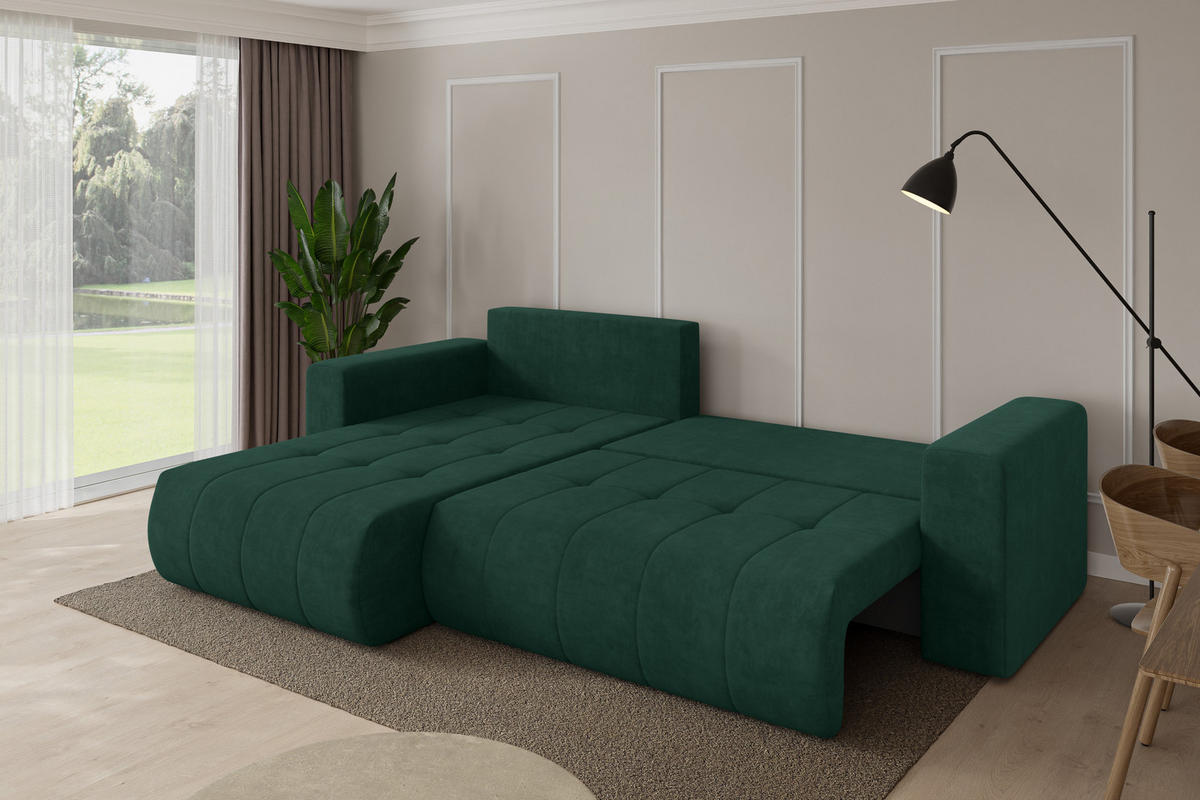 ROHOVÁ SEDAČKA s funkcí spaní, otoman vlevo MILA-L 277x194x86 zelená velur - černá/zelená barva, kompozitní dřevo/textil (277/194cm) - ALTDECOR