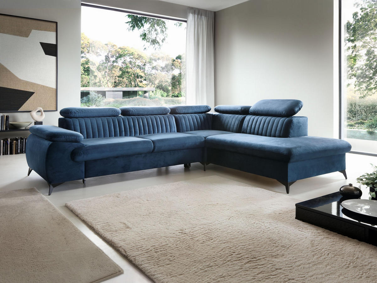ECKSOFA FIORE Blau Velours-Stoff mit Schlaffunktion - Blau, Holz (275/221cm) - MASSENO