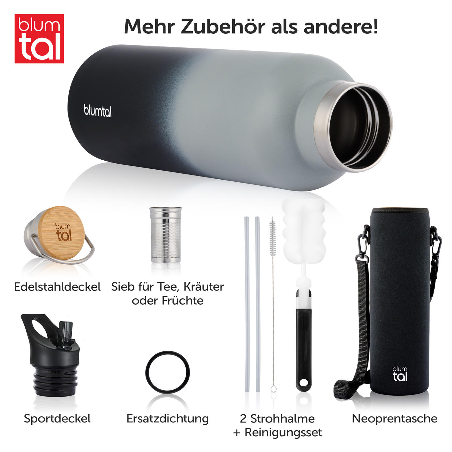 TRINKFLASCHE Leni 1000 ml, inkl. Teesieb und Sportdeckel - Dunkelgrau, Metall (1L) - Blumtal