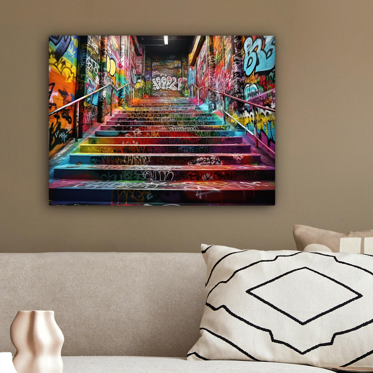 LEINWANDBILD Treppe - Graffiti - Farben - Kunst 40x30 cm - Multicolor, Textil (40/30cm) - MuchoWow