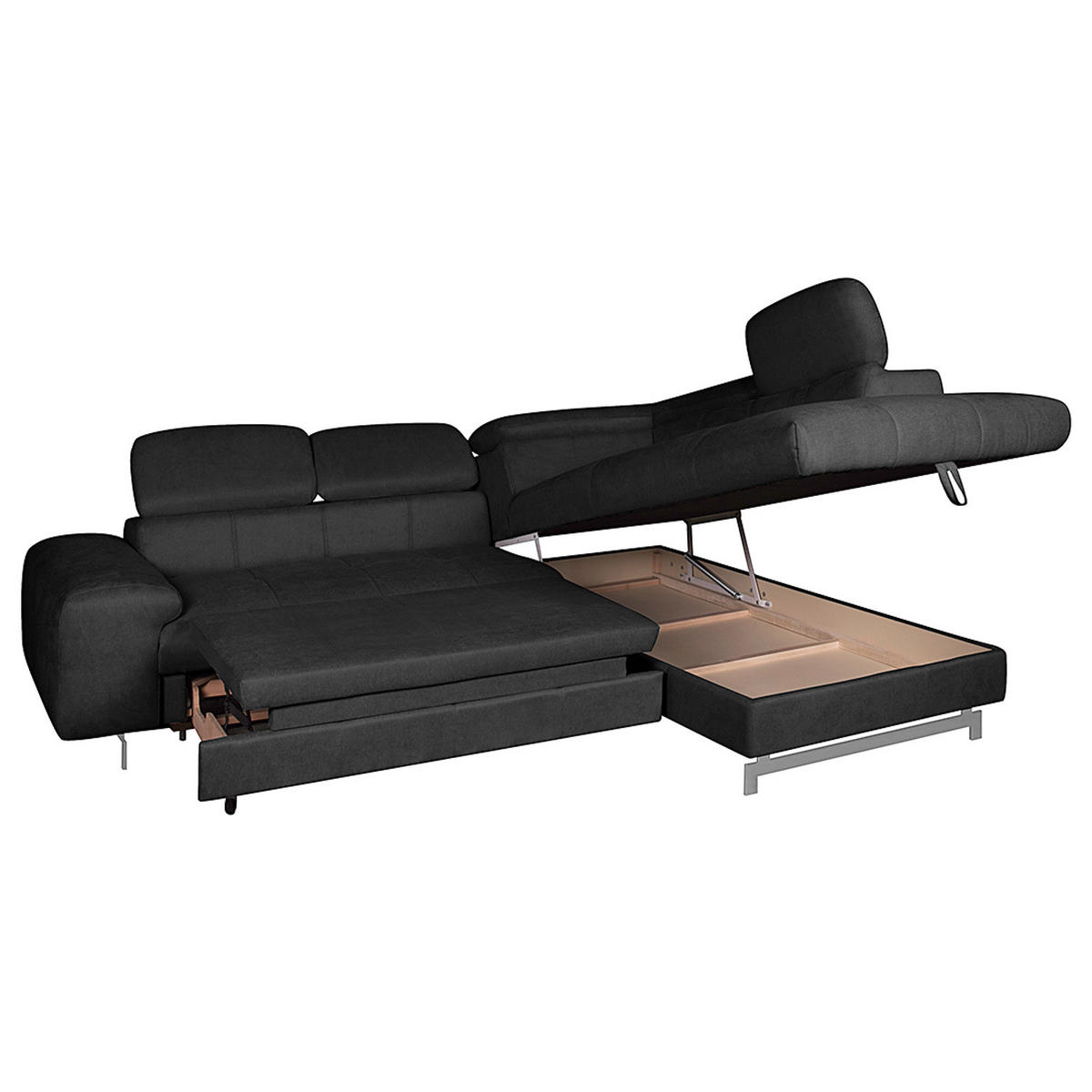 ECKSOFA mit Schlaffunktion - Velours - Schwarz, Textil (262/206cm) - home24