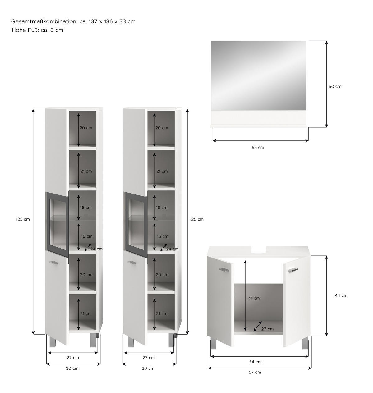 BADKOMBINATION 4tlg. Boston/Tampa Bad in weiß Nachbildung und schwarz B/H/T: 137x186x33 cm - Weiß, Holzwerkstoff (137/186/33cm)