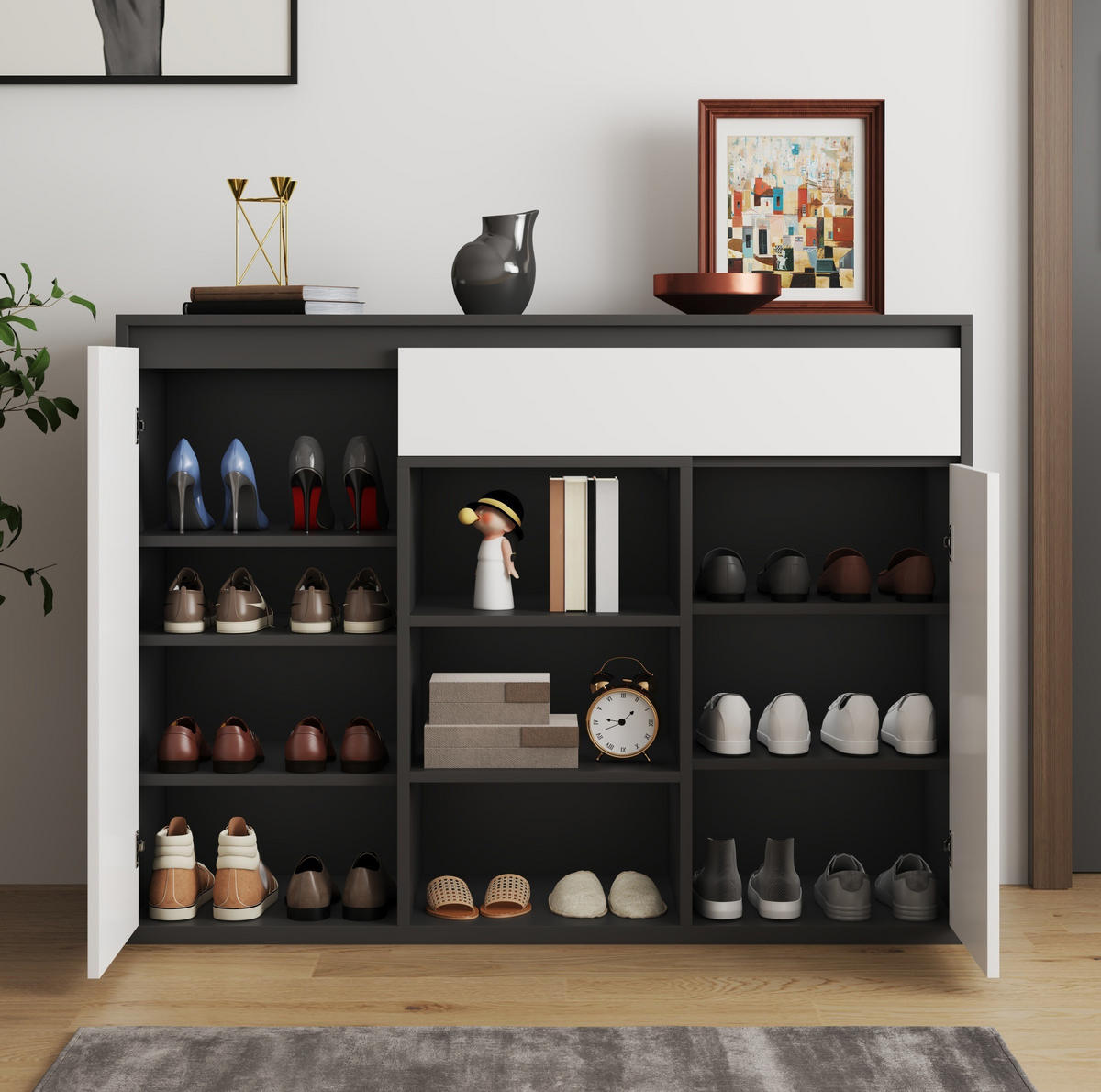 SCHUHSCHRANK 105/39,5/86 cm mit 2 Türen, Schublade und LED in Schwarz-Weiß - Schwarz, Holzwerkstoff (105/86/39.5cm) - BEAOK