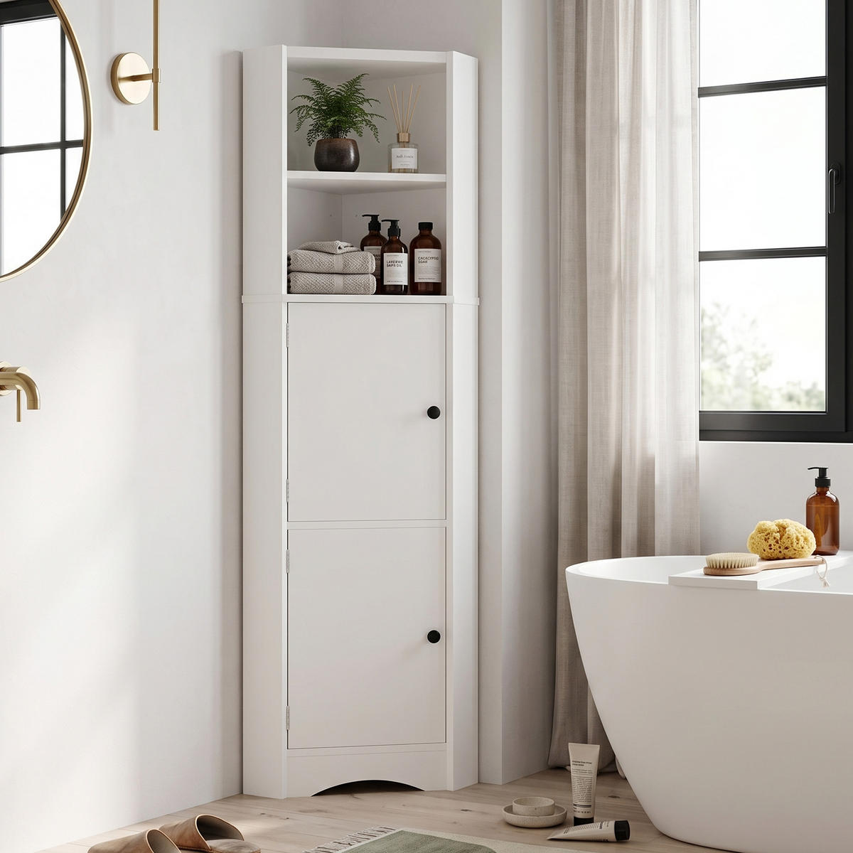 BADEZIMMER ECKSCHRANK Weiß 155cm mit 2 Türen & Offenen Ablagen - Weiß, Holzwerkstoff (51.7/155.4/32cm) - Urban Meuble