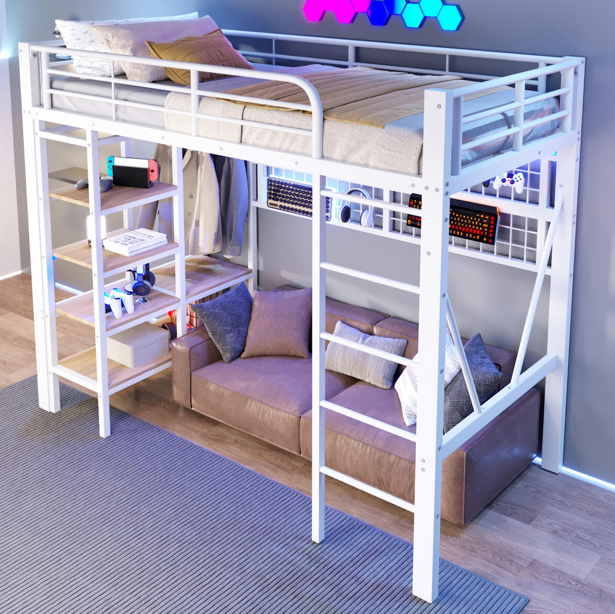 HOCHBETT 90/200 cm, Weiß mit LED-Lichtleiste und Ablagefach - Weiß, Metall (90/200cm) - MIVRAY