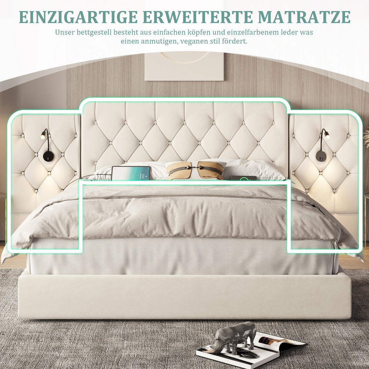ČALOUNĚNÁ POSTEL samet béžový 160x200 cm s LED lampičkami na čtení a USB portem - béžová, textil (160/200cm) - Urban Meuble